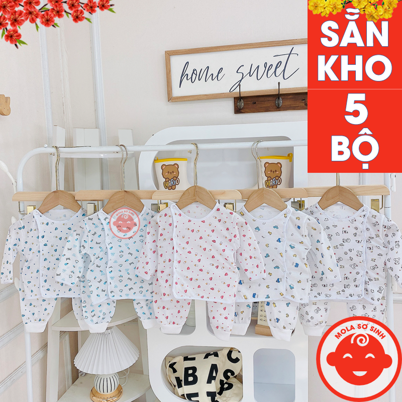 Combo 5 bộ dài tay sơ sinh bình sữa khuy lệch quần bo đáp đũng cho bé qa08