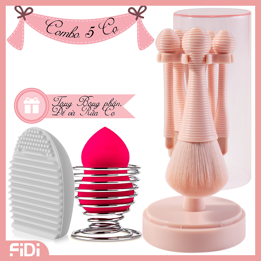 [FREESHIP + QUÀ 50K] Combo Bộ Cọ Trang Điểm Đầy Đủ 5 món, Bông Phấn Mút Trang Điểm Hồ Lô, Dụng Cụ Vệ Sinh Cọ Silicone - Tặng Kèm Đế Đựng Bông Mút Tán Kem Nền Inox 304 Cao Cấp Không Gỉ FiDi
