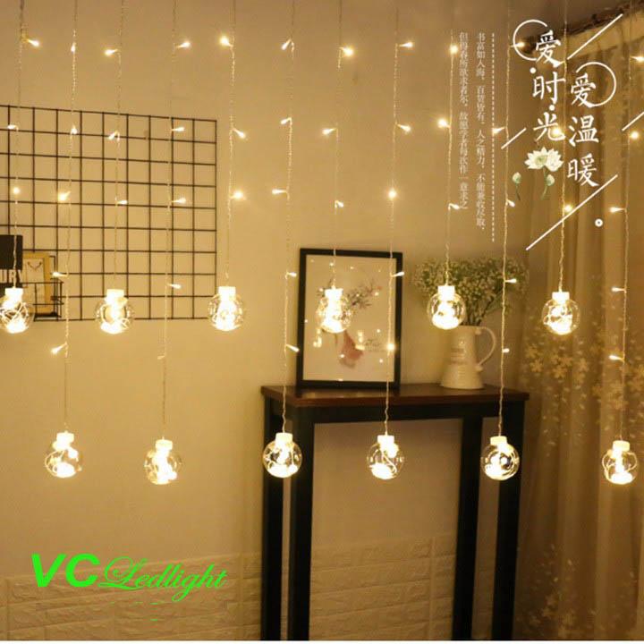 Đèn led rèm trang trí, đèn rèm quả cầu to 8cm, điều khiển nháy dừng