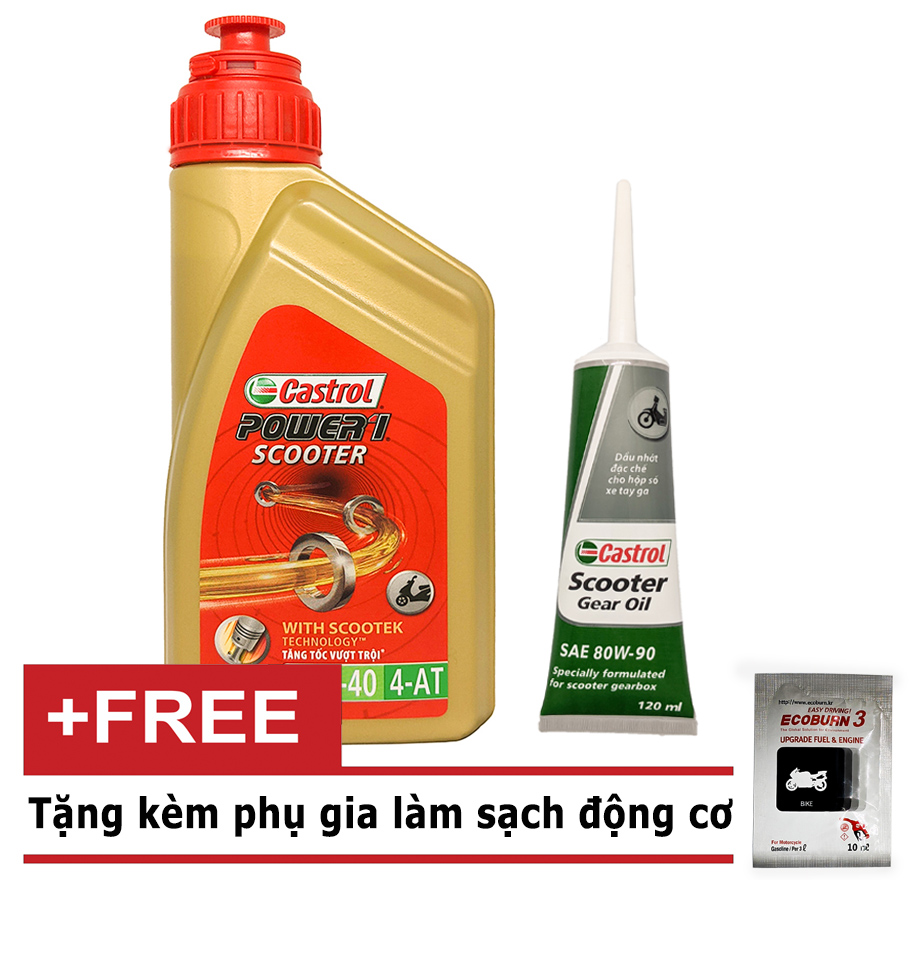 COMBO Nhớt Tay Ga CASTROL POWER  SCOOTER 10W40 0.8 L+ Nhớt Lap Castrol 120Ml-Tặng gói phụ gia động cơ