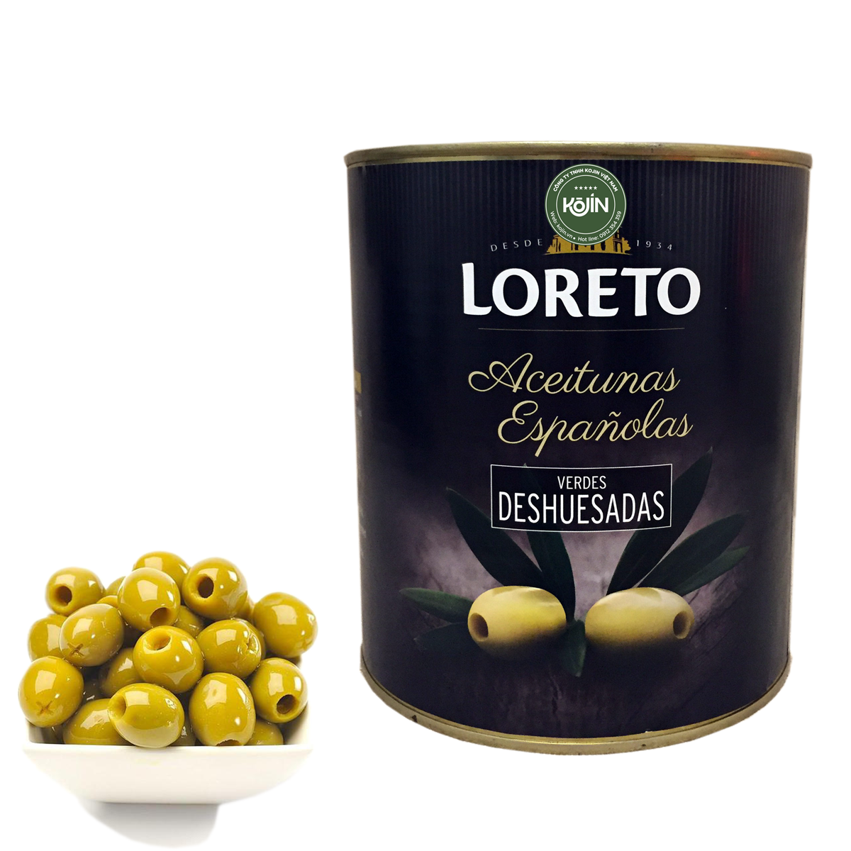 Quả oliu xanh tách hạt kojin hiệu loreto 3kg hàng giòn nhập khẩu tây ban nha
