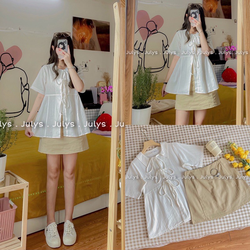 Set sơ mi babydoll chân váy trắng buộc dây . Set sơ mi chân váy siêu dễ mặc