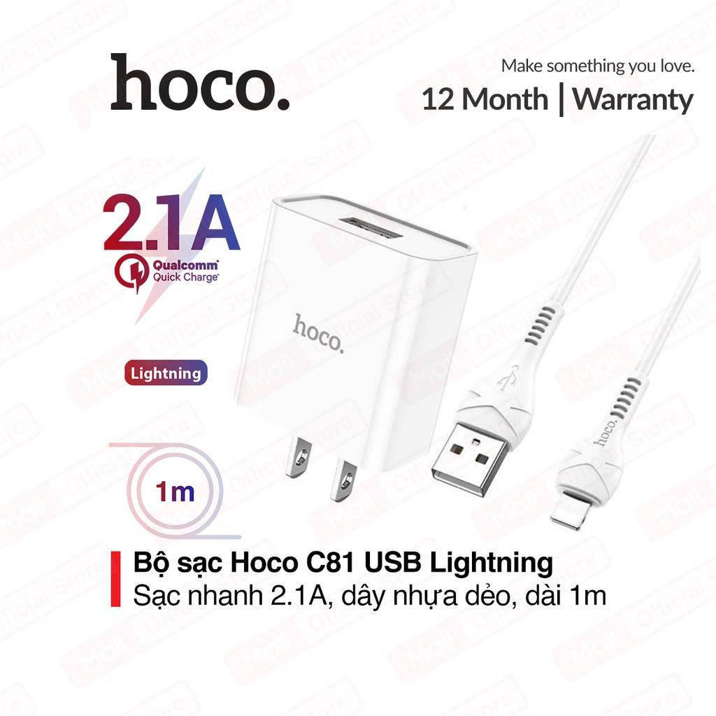 Bộ sạc nhanh 2.1a hoco c81 kèm cáp sạc 1m cổng lightning usb cho iphone ios và ipad hàng chính hãng