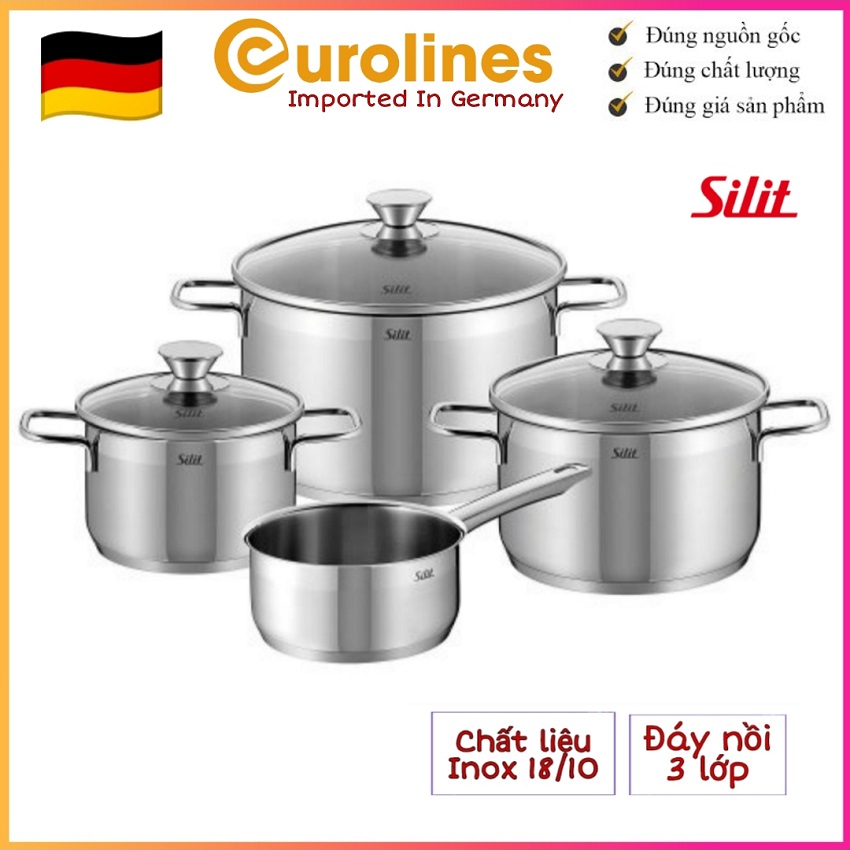 Bộ nồi Silit Pisa 4 món [Nhập Đức - Chất liệu thép không khỉ 18/10 - Tặng 1 chai dung dịch tẩy rửa kim loại, xong nồi trị giá 200K]
