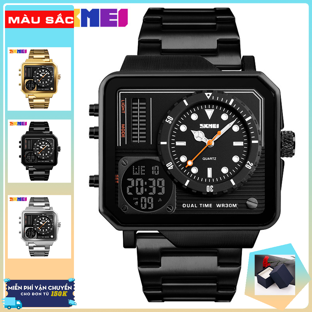 Đồng hồ nam dây thép không gỉ thể thao Skmei 1392 2 múi giờ độc đáo (Black & Silver)