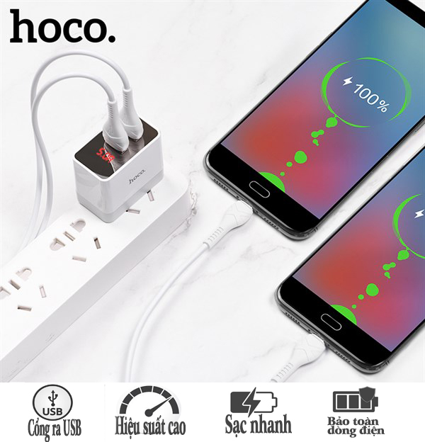 Cốc sạc nhanh hoco dc28 2usb-5a bảo toàn dòng điện tương thích nhiều dòng máy samsung iphone ipad xiaomi huawei oppo