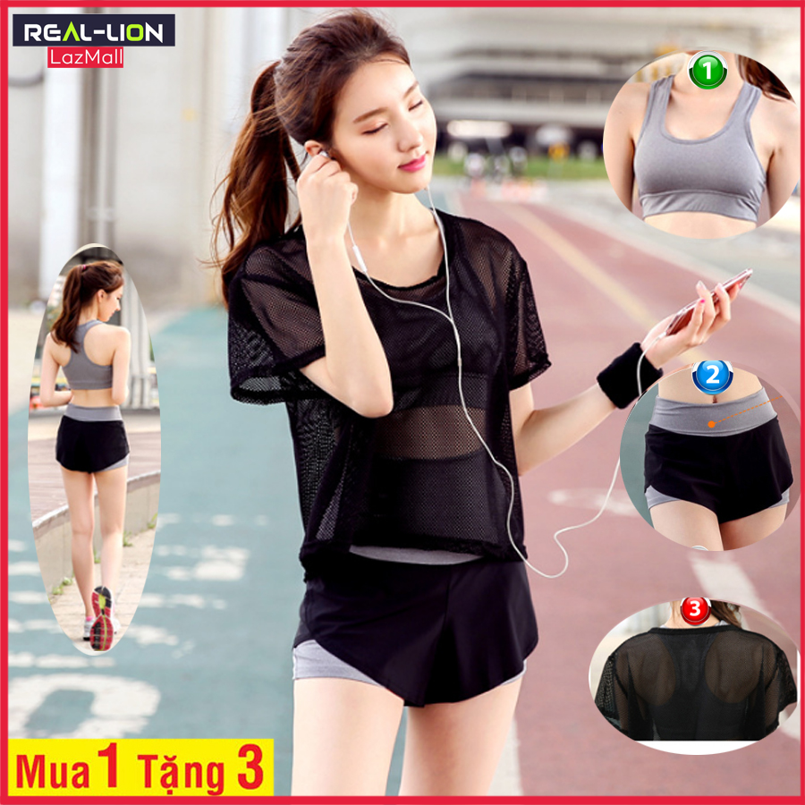 Sét Bộ đồ tập Gym, Yoga, Aerobic cao cấp 3 trong 1 kèm áo Lưới quyến rũ REAL-LION - RL03