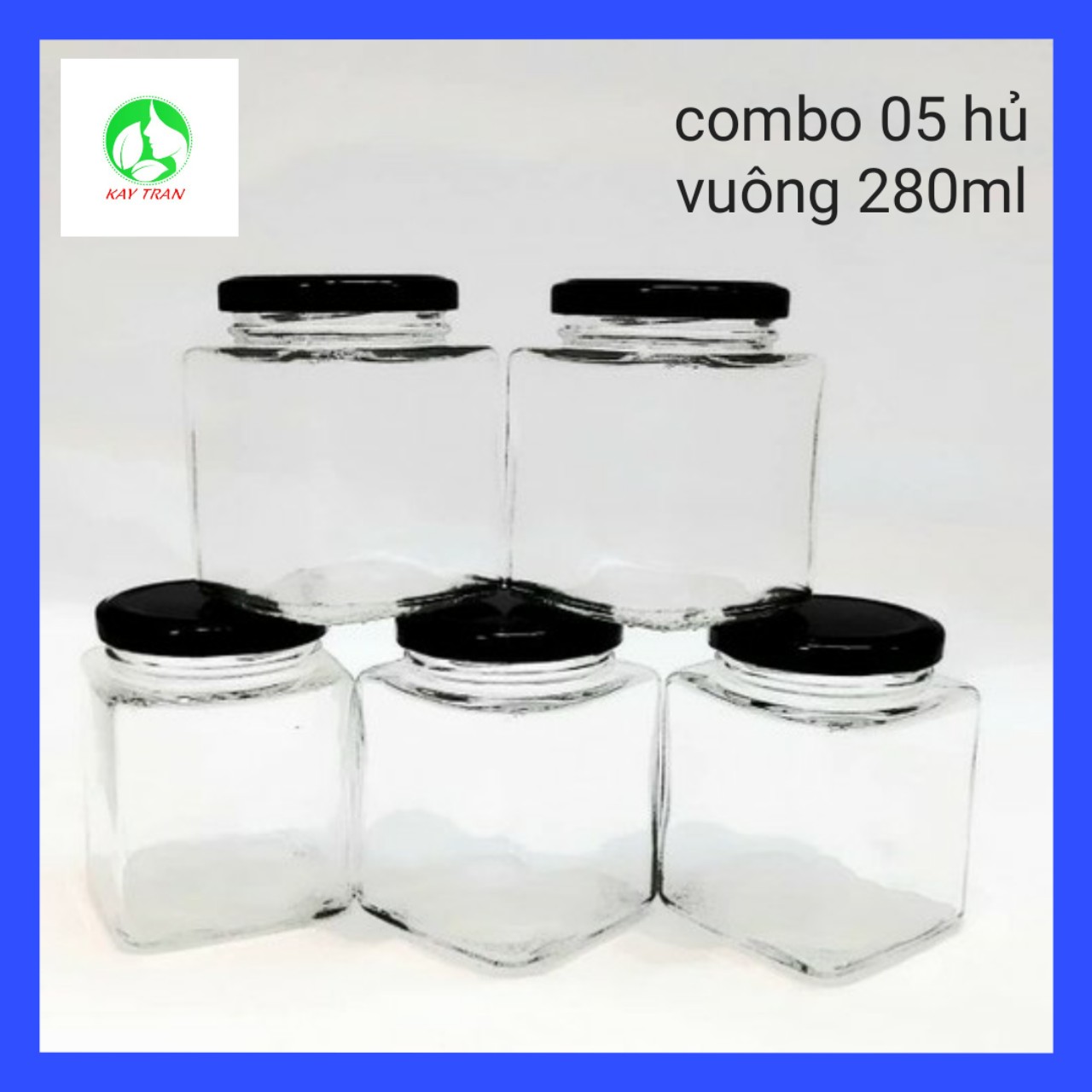 combo 05 hủ vuông 280 ml nắp thiết đen đưng gia vị