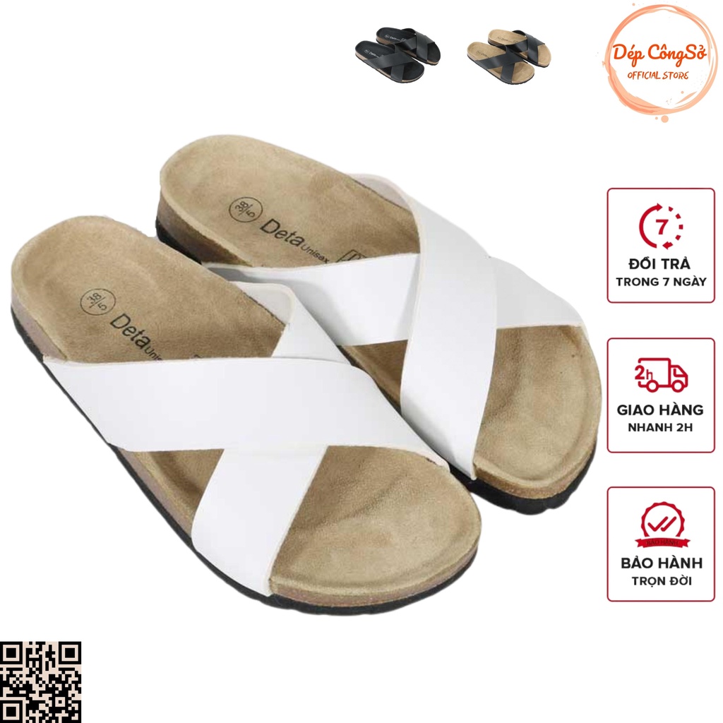 Dép da pu quai chéo đế trấu thích hợp nam nữ màu đen trắng full đen detaunisex mã deta23