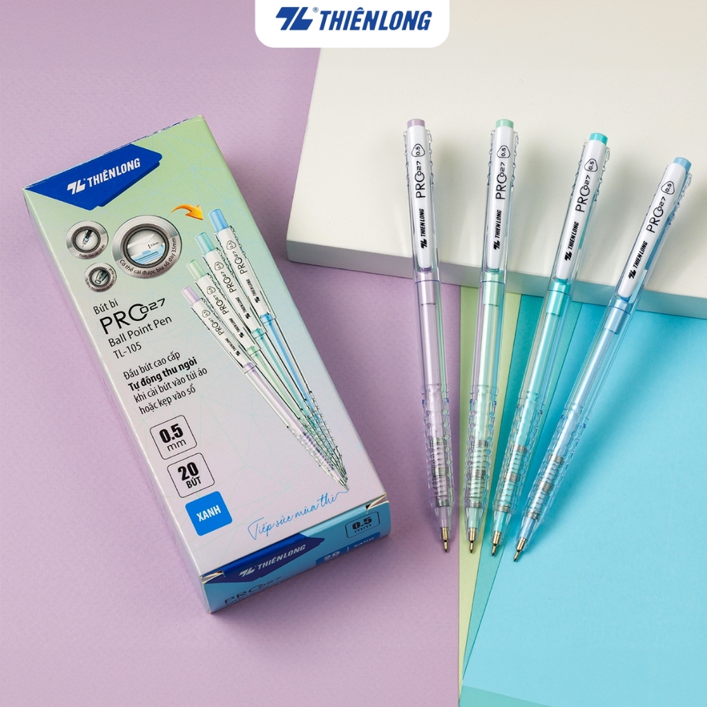 Combo Bút bi Thiên Long TL-105/ PRO 027 màu pastel ngòi 0.5mm - Bút bi viết tự động thu ngòi