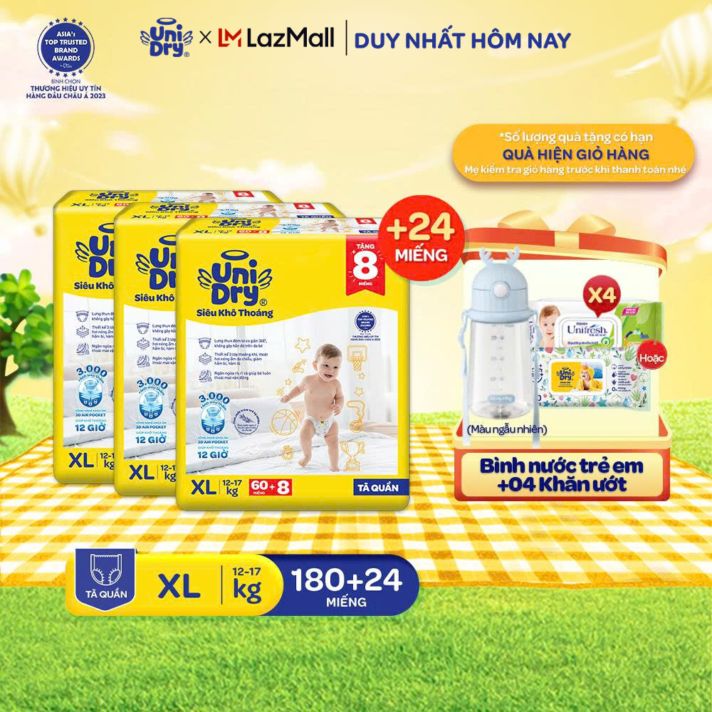 Combo 3 Tã quần UniDry Siêu khô thoáng gói Super Jumbo mới size M76/L68/XL60/XXL54 + 8 miếng