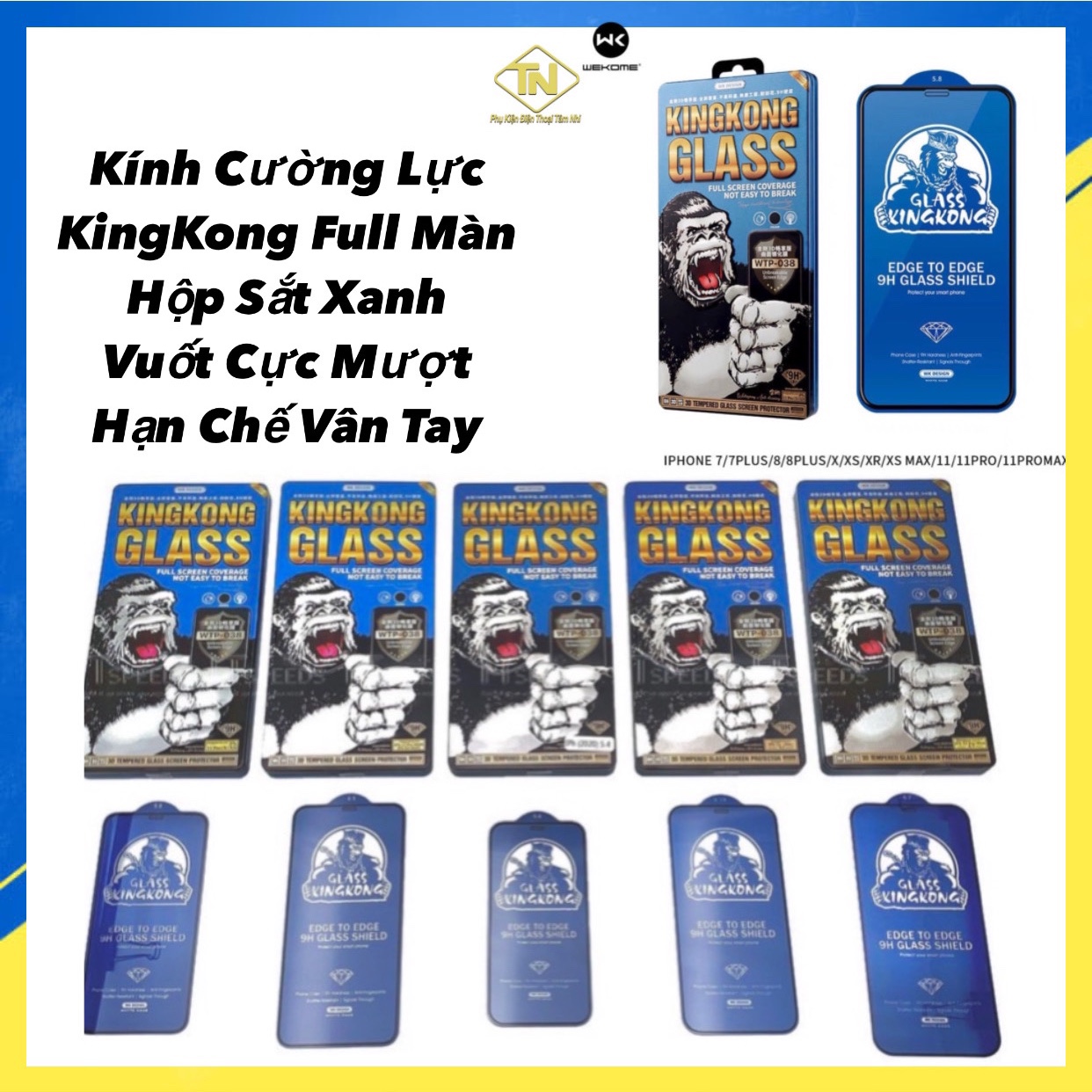 Kính cường lực Kingkong,cường lực iphone,full màn hình,đóng gói hộp sắt