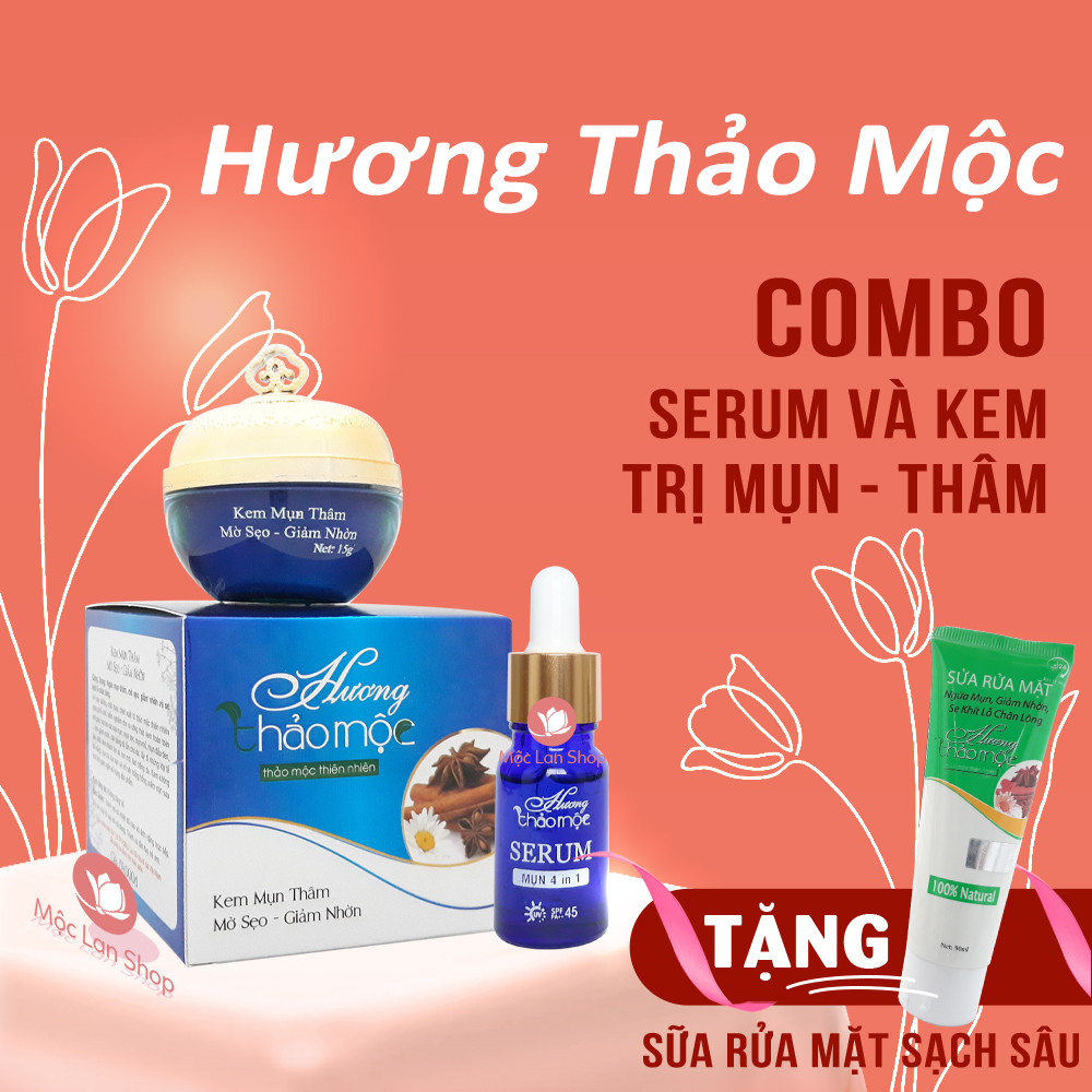 Bộ kem ngừa mụn sẹo rỗ thâm dưỡng trắng giảm nhờn và mịn da Hương Thảo Mộc gồm kem và serum tặng sữa rửa mặt - Mỹ phẩm Mộc Lan