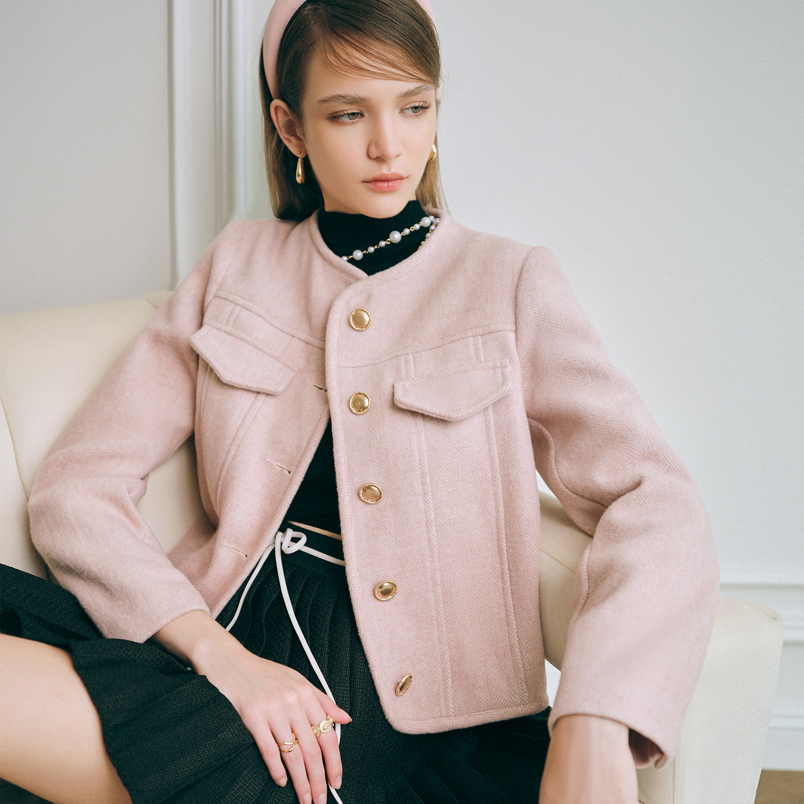Darling.ism - áo khoác dạ cổ tròn nút kim loại ?julia jacket vải dạ nỉ hồng