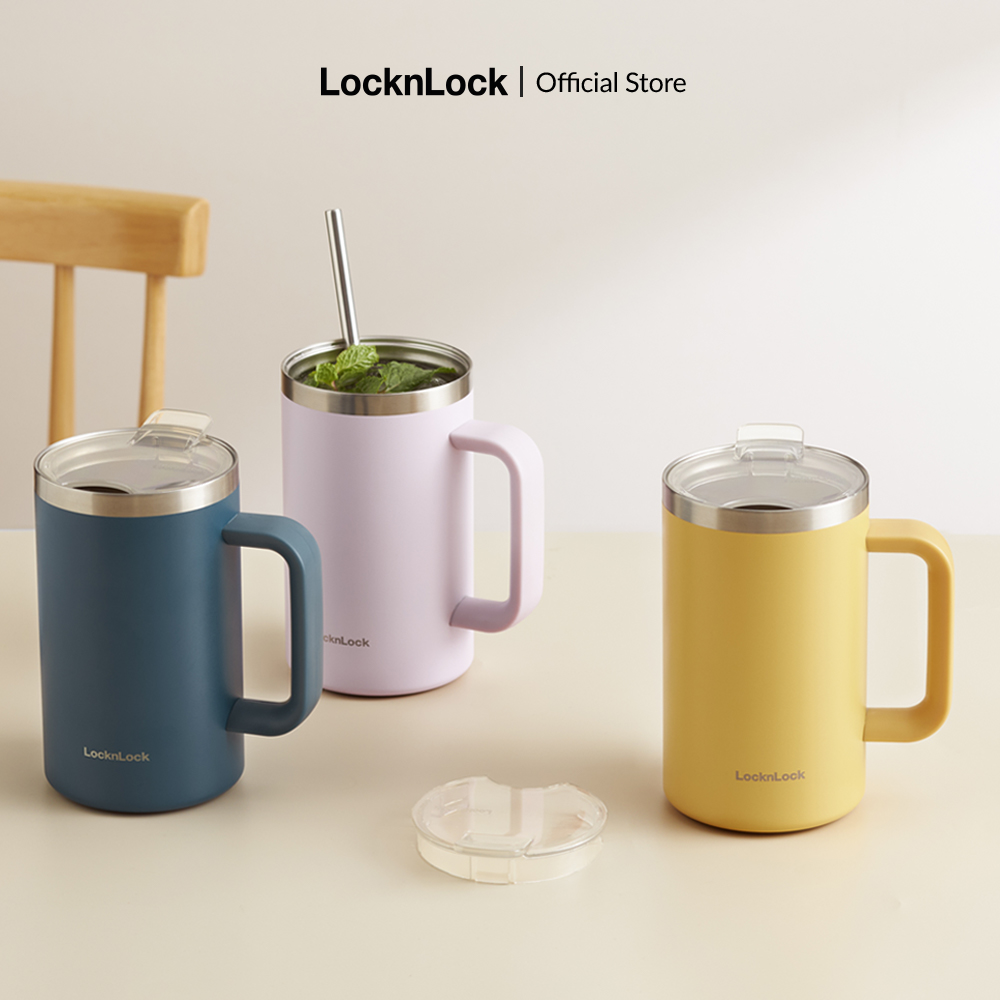 Cốc giữ nhiệt LockLock Flat Table Mug 730ml LHC4320 - Giữ lạnh hiệu quả, có quai cầm, nắp đậy trong suốt - Hàng chính hãng