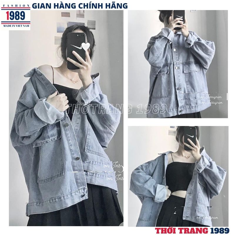 Áo khoác jeans bò trơn -áo khoác bò nữ kiểu dáng túi hộp suông rộng cá tính ,áo khoác bò mùa đông ,áo khoác mùa đông ,áo khoác denin-thời trang 1989