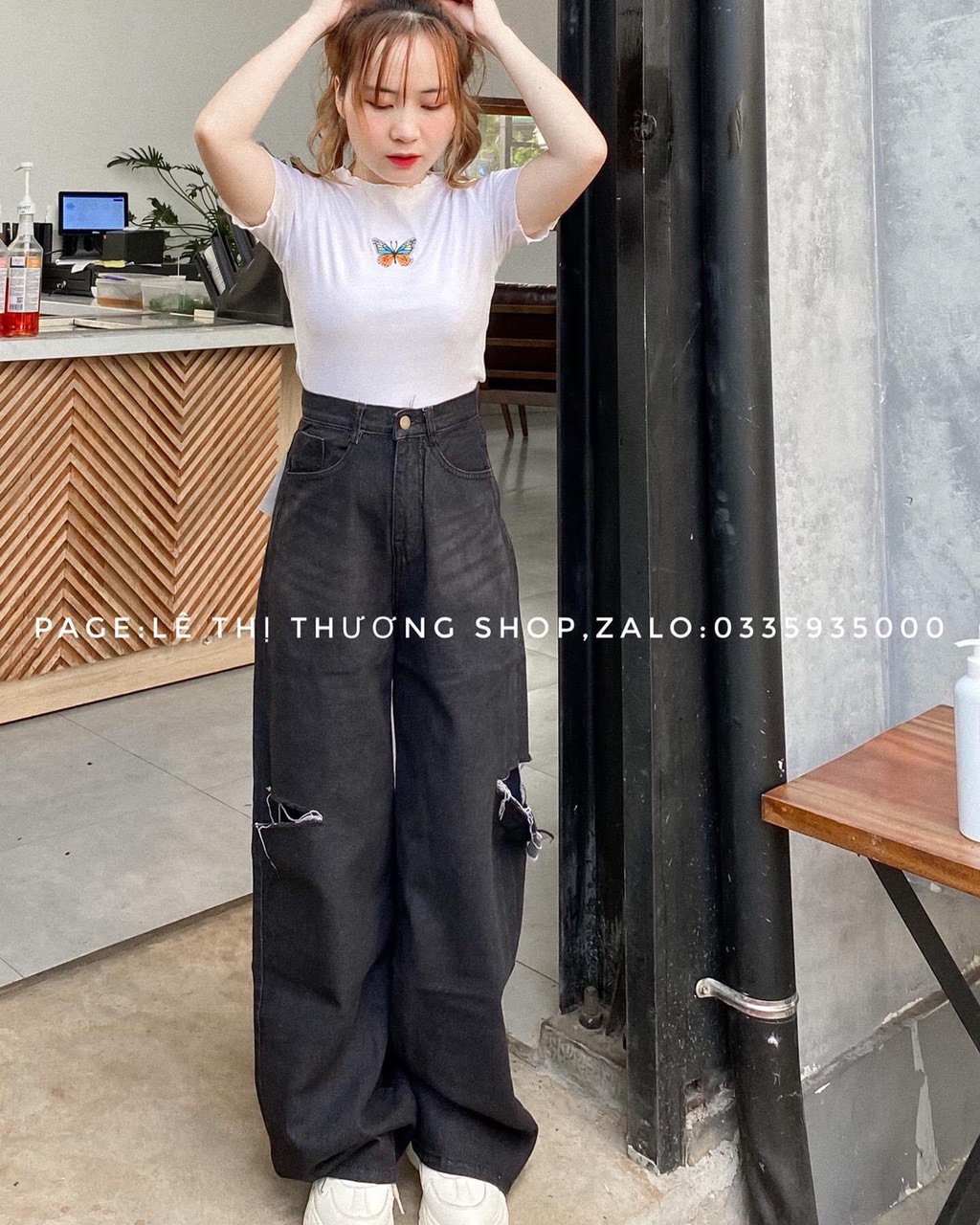 Baggy jeans lưng cao ống suông rách pt