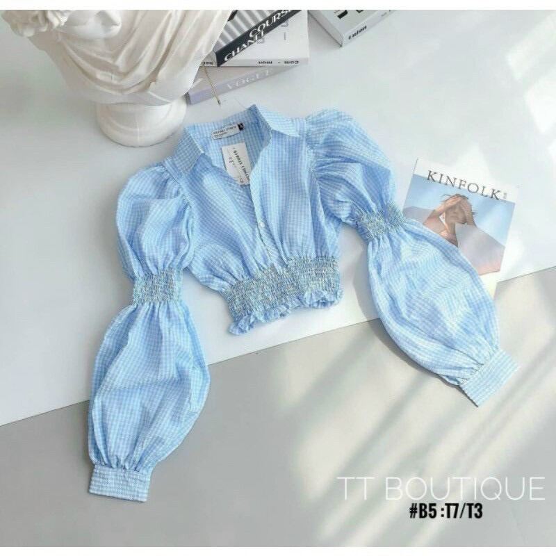 Áo kiểu cổ bẻ caro gài nút bo eo