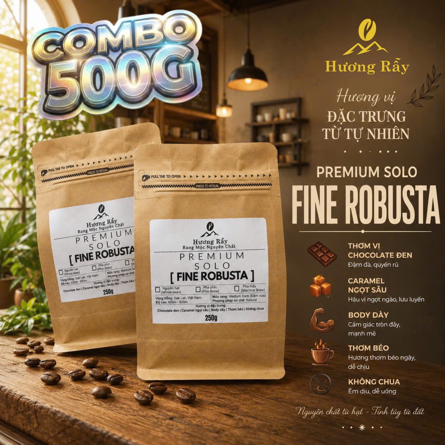 Cà Phê Rang Mộc Hương Rẫy Premium Solo Fine Robusta | 500G | Thơm vị Socola đen, Caramel ngọt sâu, Body day, Không chua