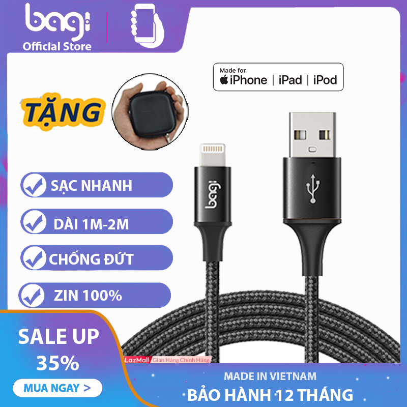 Dây cáp sạc nhanh bọc dù cổng lightning cho iphone,ipad,ipad chống đứt siêu bền màu đỏ,đen đạt tiêu chuẩn châu âu mã is200-bagi boss store