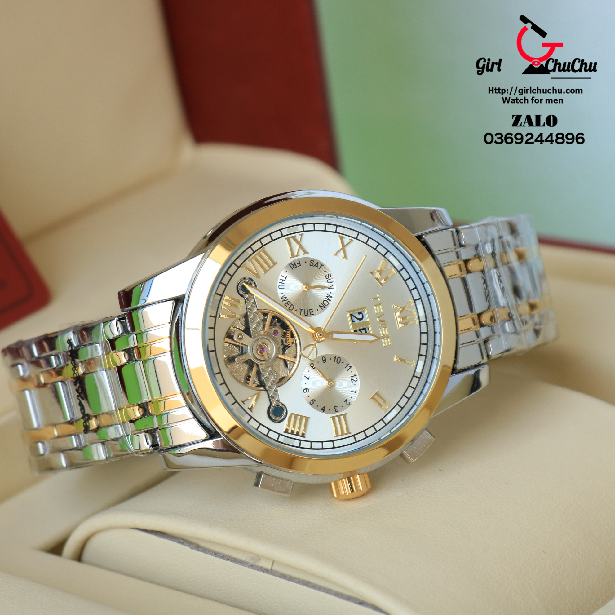 Đồng hồ nam Tevise 5 kim mặt xanh viền vàng chạy cơ tự động automatic, phong cách trẻ trung mạnh mẽ, máy chạy vĩnh viễn, không dùng pin