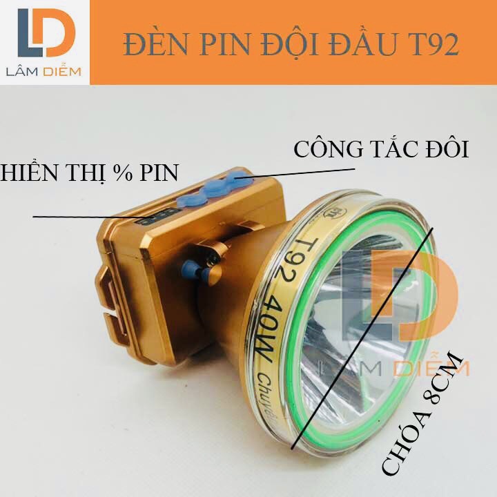 ĐÈN PIN SẠC ĐỘI ĐẦU SIÊU SÁNG KÍN NƯỚC HIỂN THỊ % PIN 3 CHẾ ĐỘ T92