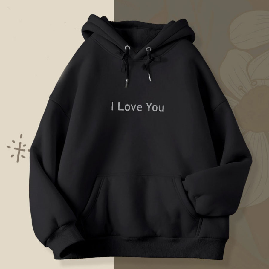 ● Áo Hoodies Unisex Form Rộng Nam Nữ Bo Dệt Tay Gấu Chất Nỉ Bông Cotton Dày Dặn Ép Decal Chữ I Love You