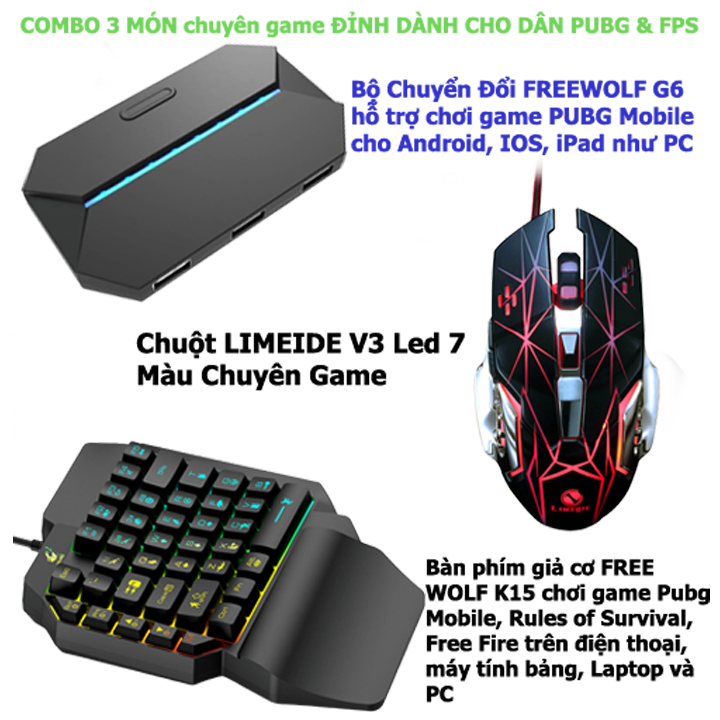 Combo bàn phím giả cơ free wolf k15 và bộ chuyển đổi freewolf g6 + chuột chuyên game limeide v3 bf00141
