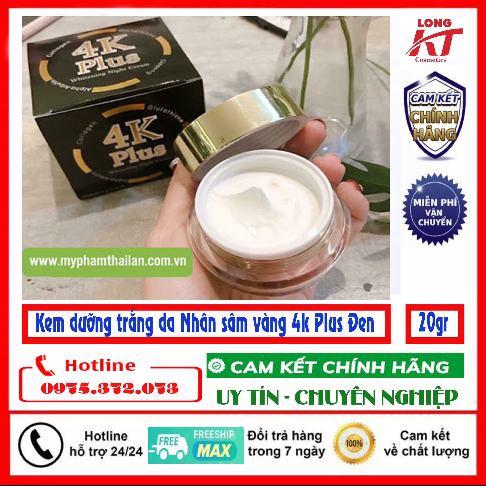 Kem Dưỡng Trắng Da Mặt Ban Đêm 4k Plus Whitening Night Cream 20gr - Siêu phẩm Kem 4K Plus Đen face dưỡng trắng da