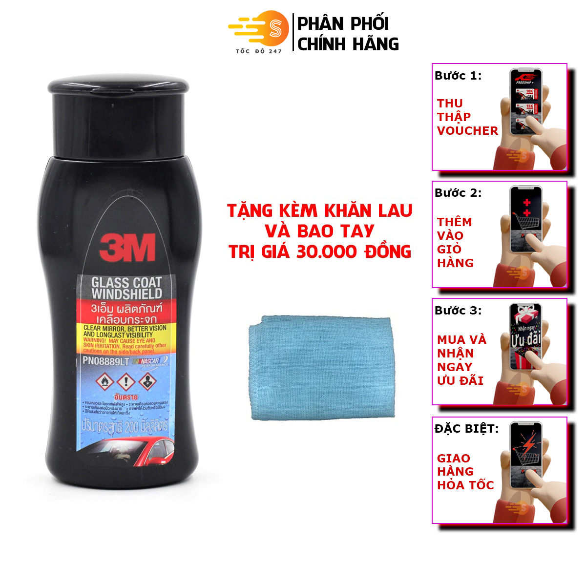 [Tặng kèm khăn lau và bao tay] Dung dịch nano trượt nước trên kính xe 3M 08889LT 200ml - chống bám nước trượt kính xe ô tô hiệu quả cao tặng khăn lau và bao tay