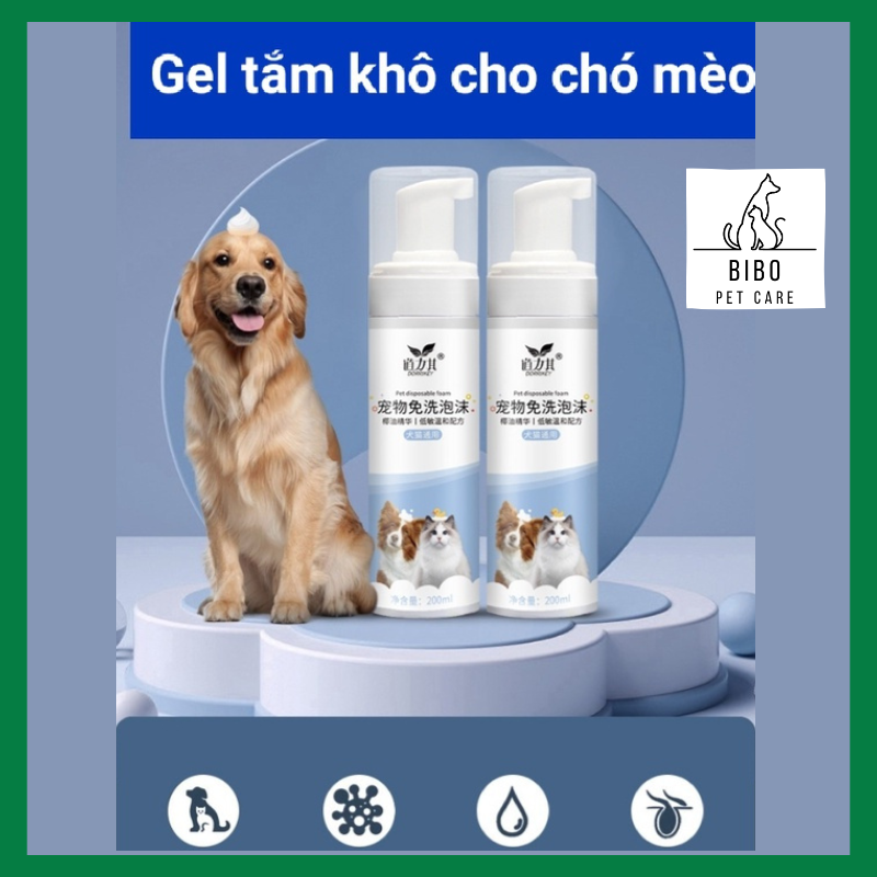 Bọt tắm khô cho chó mèo dưỡng lông DORRIKEY sữa tắm khô khử mùi cho thú cưng 200ml - Bibopetcare