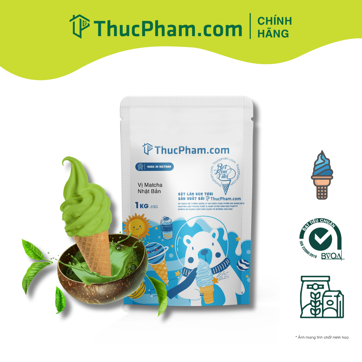 Bột làm kem tươi thucpham.com vị matcha - túi 1kg - công thức độc quyền mang hương vị mới, thơm ngon, không gắt, không hắc