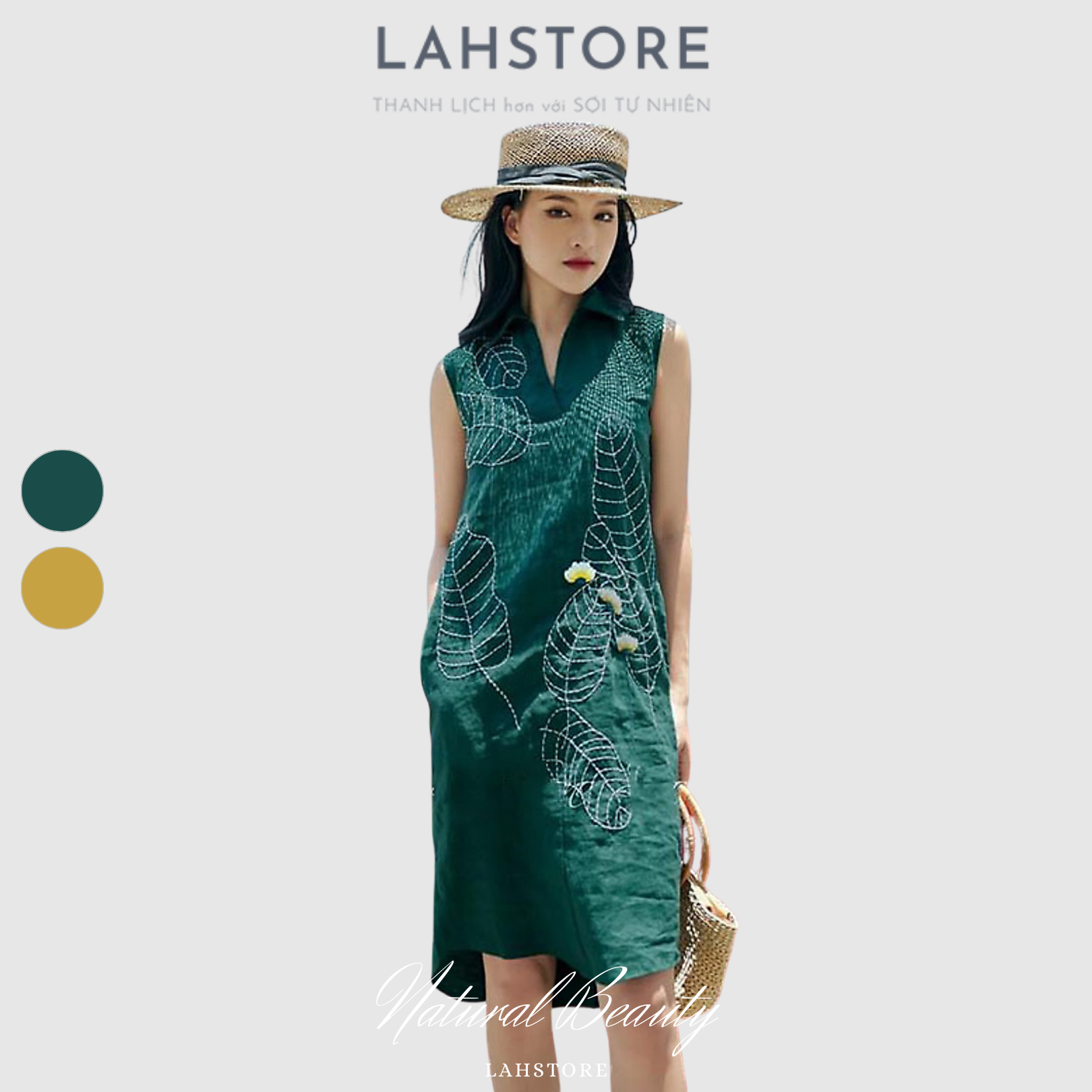 Đầm linen thêu hoa LAHSTORE dáng suông sát nách cổ bẻ vải linen tưng sang trọng quý phái