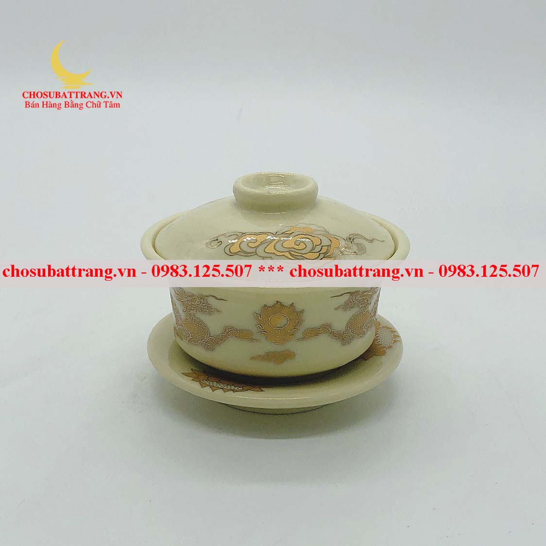 Bát sâm / bát đựng trà trên ban thờ men vàng kim lưỡng long