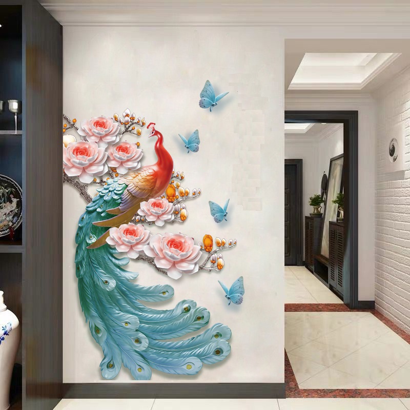 [HCM]Decal dán tường chim công khổng tước 3D sang trọng dán được cửa kính gỗ