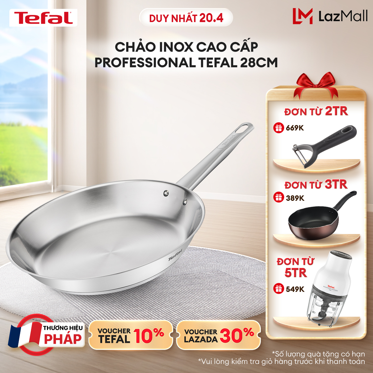 [NHẬP MÃ TEFALOFF30T4 GIẢM 30%] Chảo Inox 18/10 (Inox 316) cao cấp Professional Tefal B9210655 28cm
