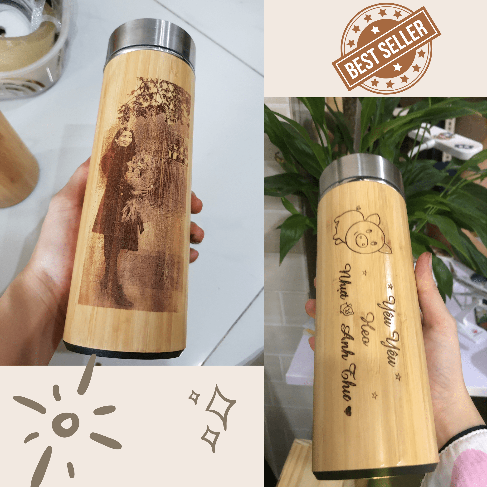 Bình giữ nhiệt vỏ tre lõi inox 304 cao cấp - khắc hình và chữ theo yêu cầu - quà tặng ý nghĩa cho người thân bạn bè