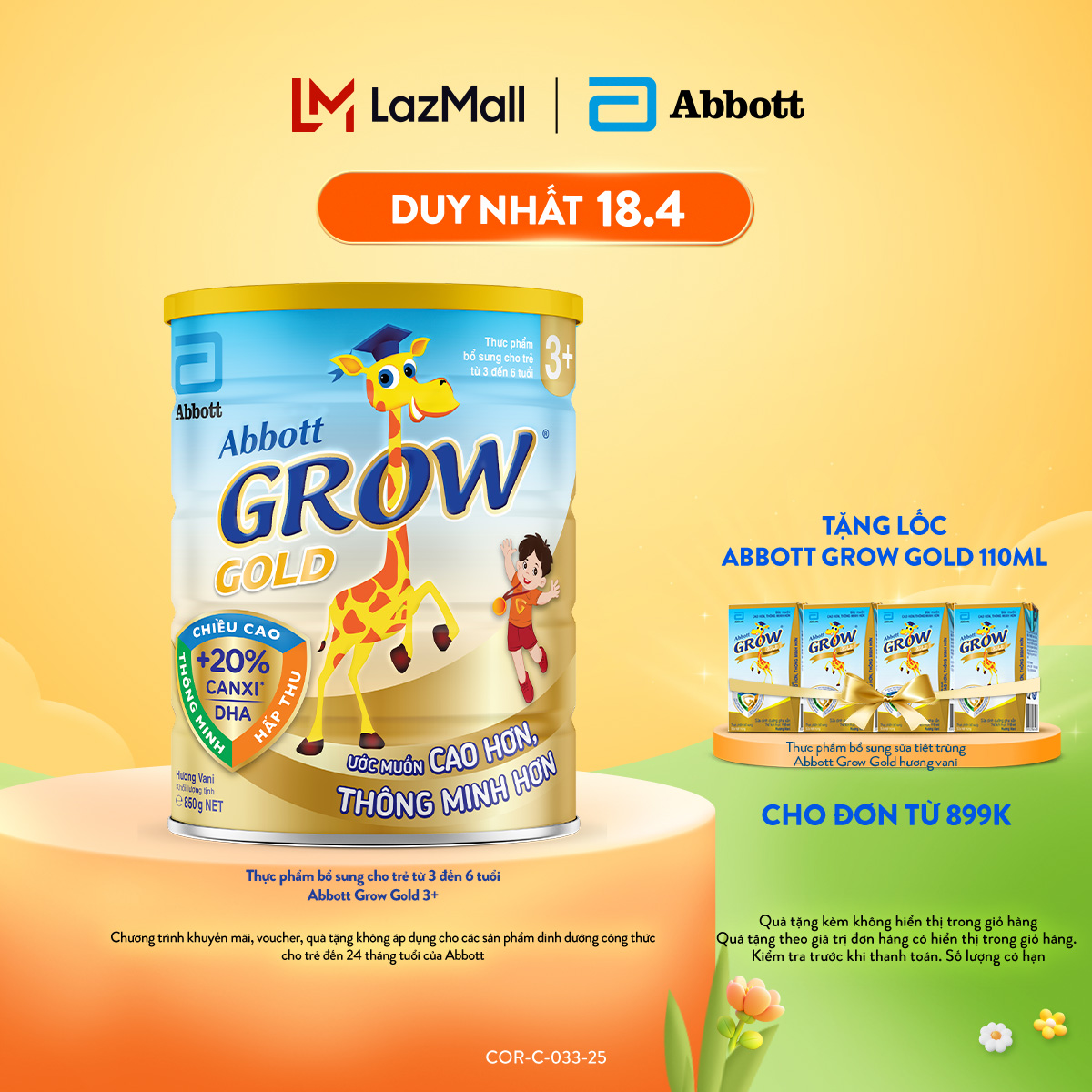 [Tặng Thang thăng bằng đơn 599k] Lon sữa bột Abbott Grow 3+ 900g