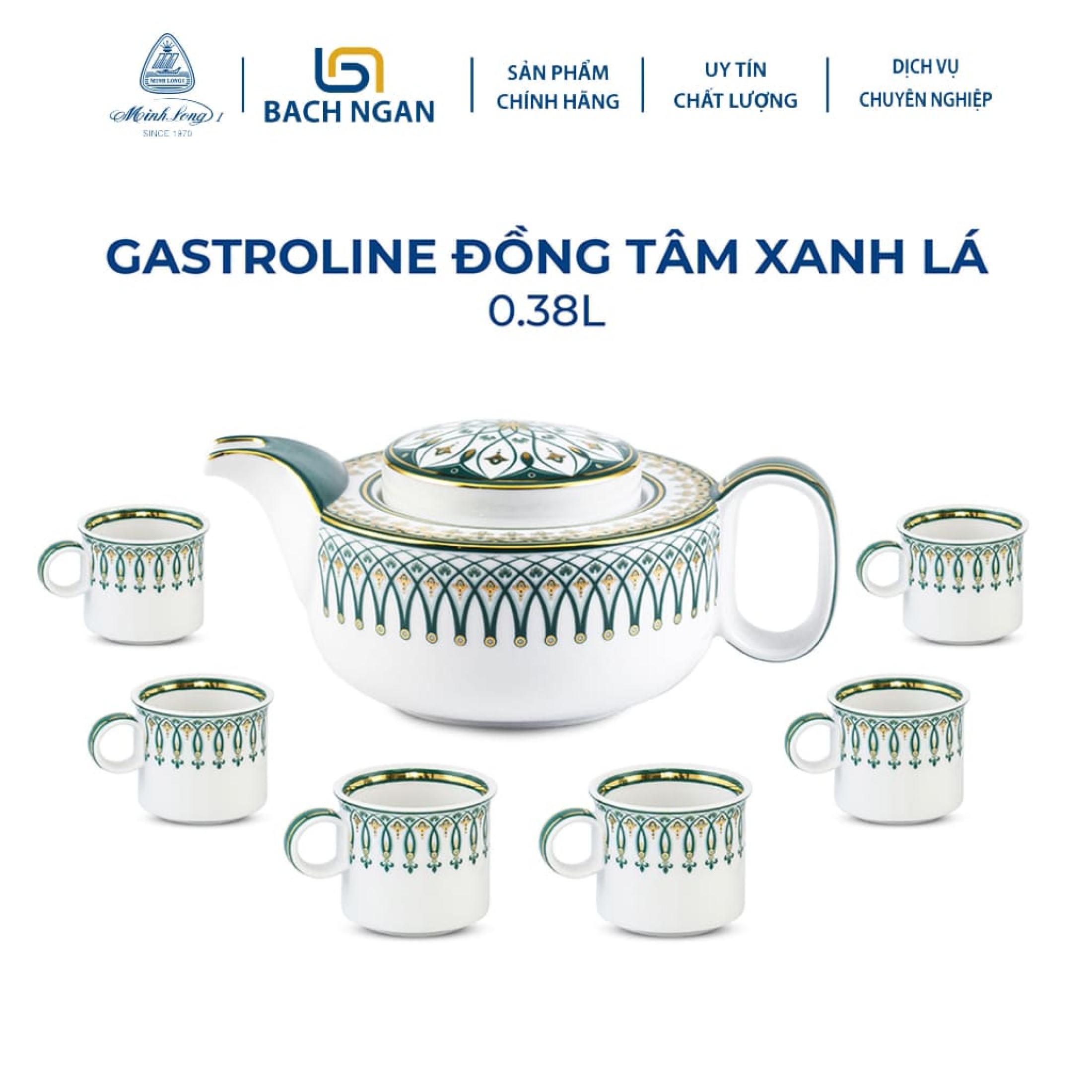Bộ Ấm Trà Gốm Sứ Cao Cấp Minh Long 0.38 L - Gastroline Đồng Tâm Xanh Lá cực phẩm, phong cách retro châu âu, sang trọng, tặng quà
