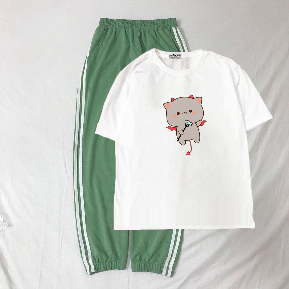 [HAN HAN SHOP 101] Sét Bộ Đồ Quần Áo Nữ Mùa Hè Mặc Đi Chơi Dạo Phố Cá Tính, Mặc Ở Nhà Xinh Cute, Combo Áo Thun Phông Cotton Organic Ngắn Tay Cổ Tròn Mát Mịn In Mèo Ăn Cá Kèm Quần Thun Bo Chun Gấu