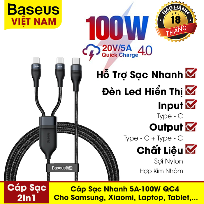 Cáp & Dock sạc-Cáp sạc nhanh Baseus 5A/100W/ QC 4.0 cho Samsung Xiaomi Laptop Tablet - phân phối chính hãng tại Baseus Việt Nam