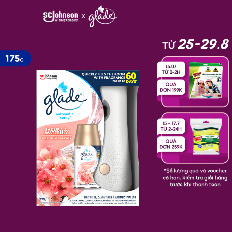 GLADE Bộ Máy & Lõi Xịt thơm phòng tự động Hương Hoa Anh Đào Lily 175g - Xịt thơm phòng chăm sóc không khí hương thơm tự nhiên