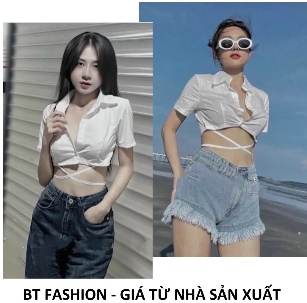 Áo sơ mi tay croptop cột dây eo - bt fahion