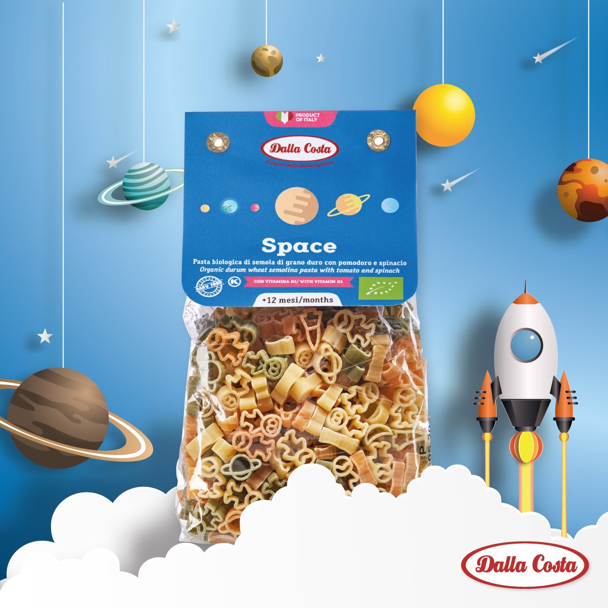 [HCM](date 4/2024) Nui Rau Củ Hữu Cơ Cho Bé Hình Space 200g Dalla Costa Organic Baby Pasta Space (Ý)