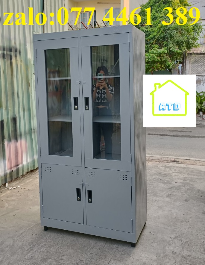 Tủ sắt hồ sơ kiếng sơn tĩnh điện cao cấp mới đẹp dày dặn màu ghi sang