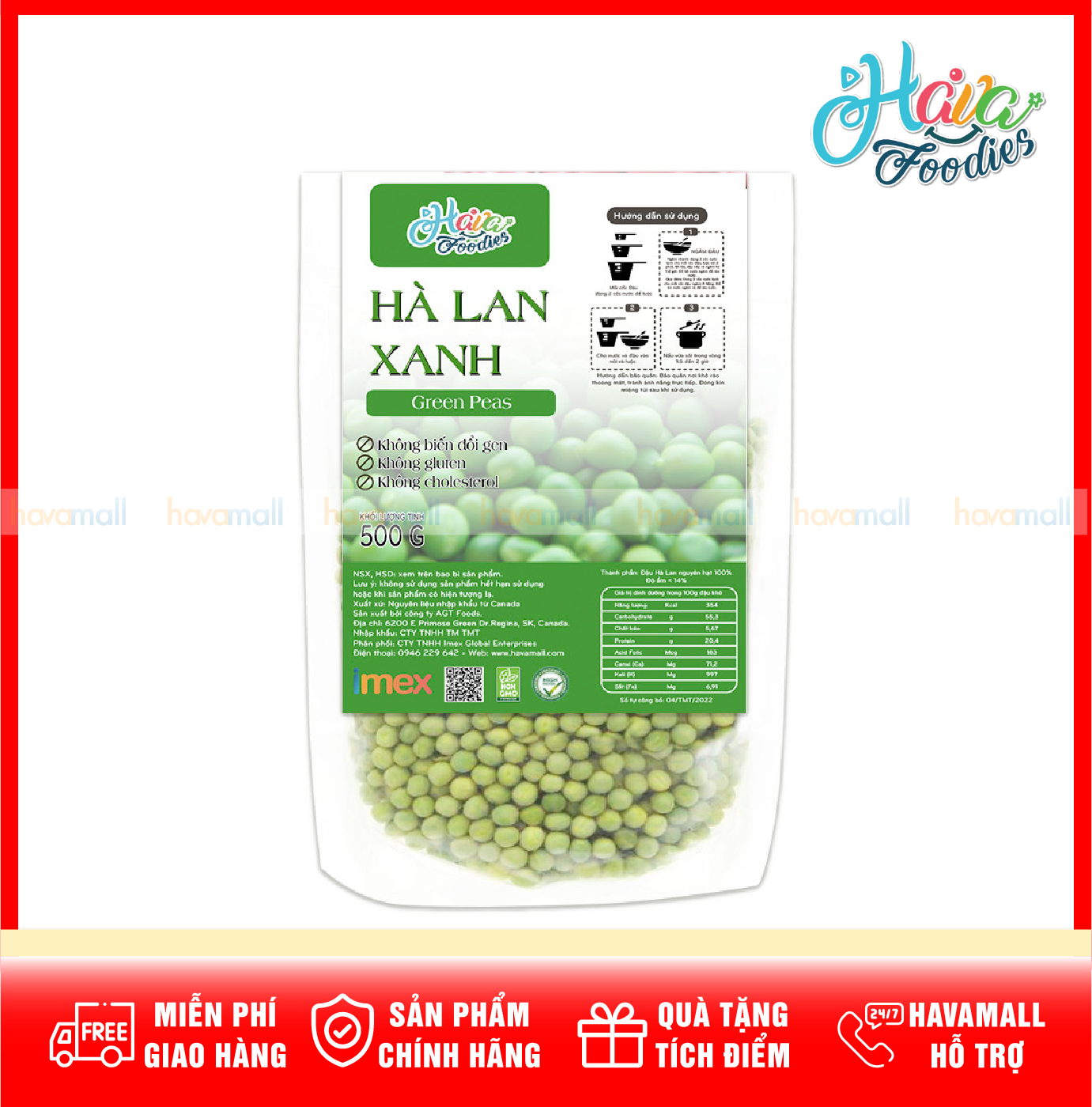 Đậu Hà Lan Xanh Nguyên Hạt Havafoodies 500g