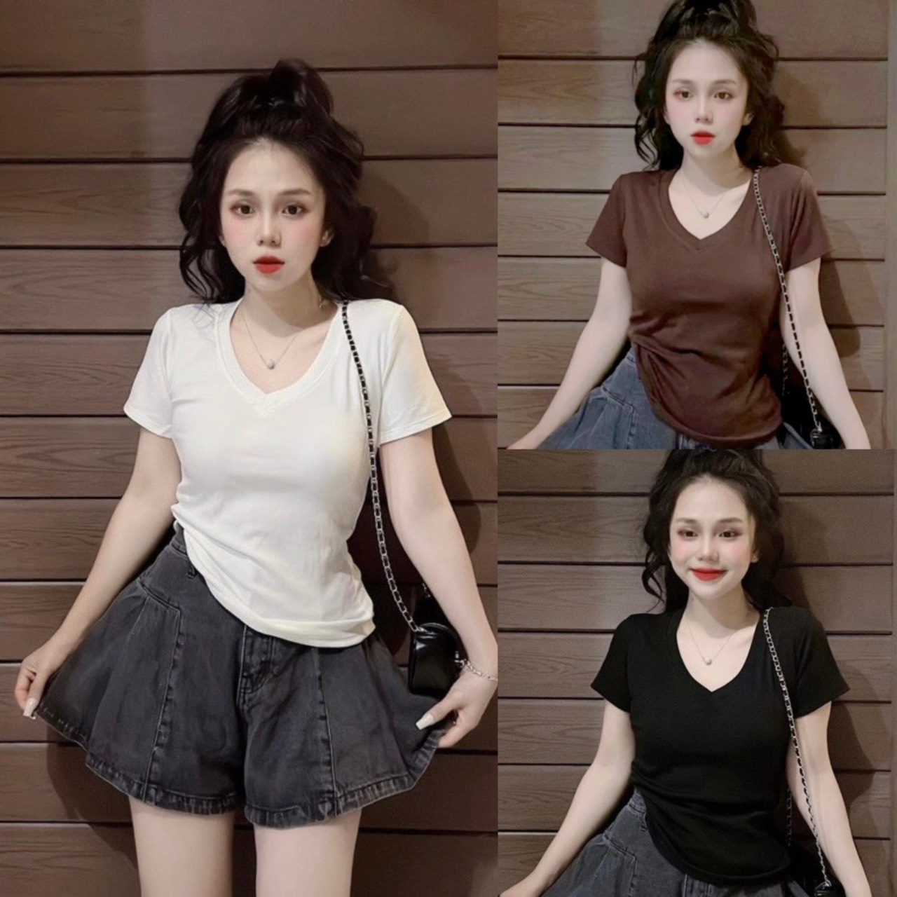 Áo thun nữ dáng ôm cổ tim tay ngắn trơn