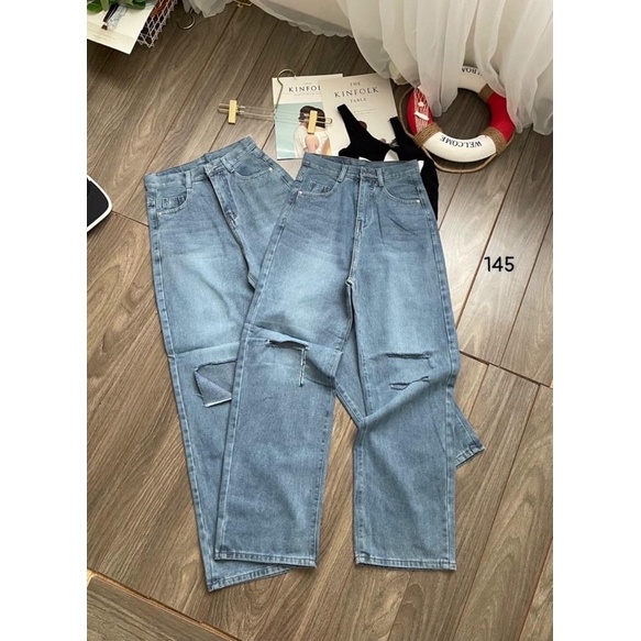 Baggy jeans lưng cao ống suông rách 3