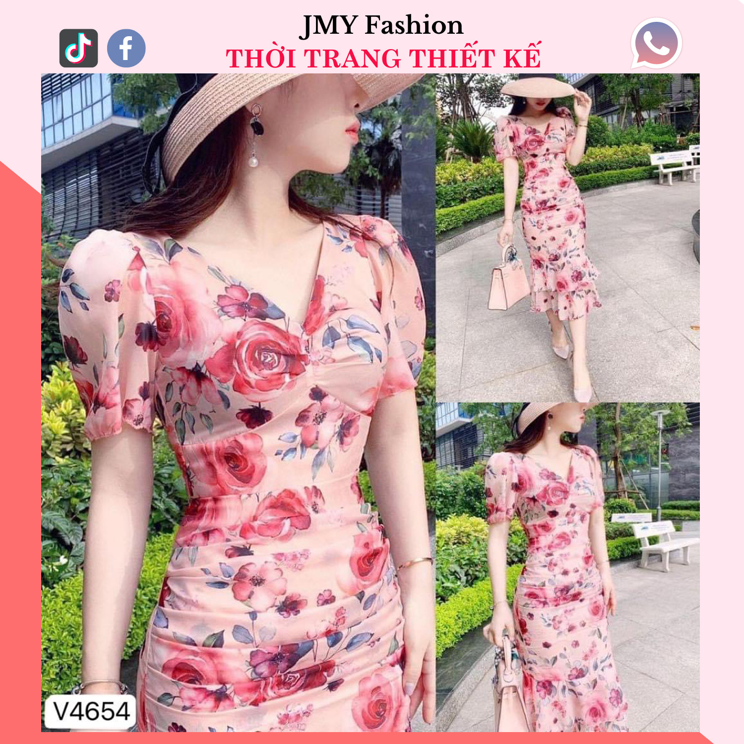 V4654 Váy đầm hoa cổ V dáng ôm đuôi cá sang chảnh đầm body hồng đỏ dáng dài đuôi cá nữ tính