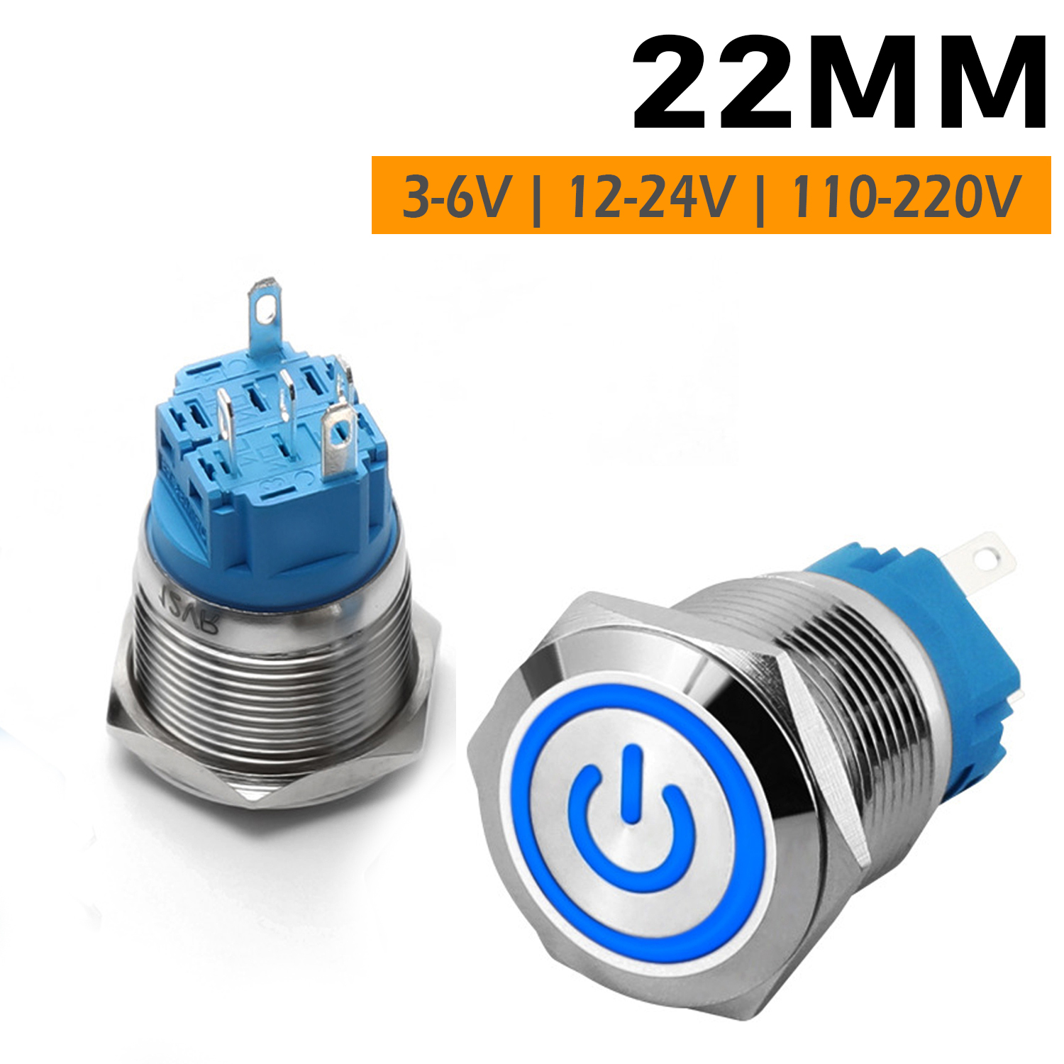 Nút power, công tắc nhấn kim loại 22mm, có đèn led 3v-6v, 12v-24v, 110-220v